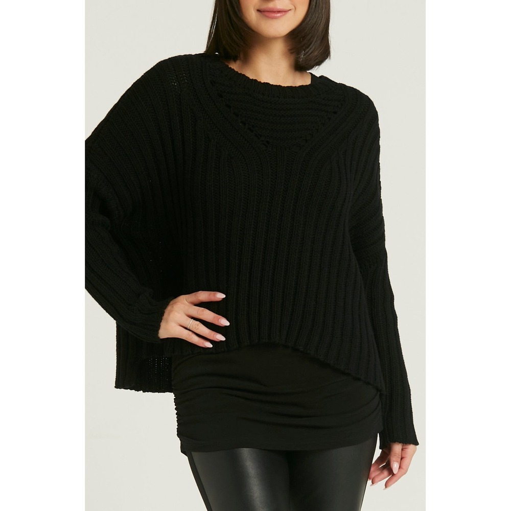 PLANET BY LAUREN G Pima Cotton Chunky Crewneck Sweater Women One Size Black Rib